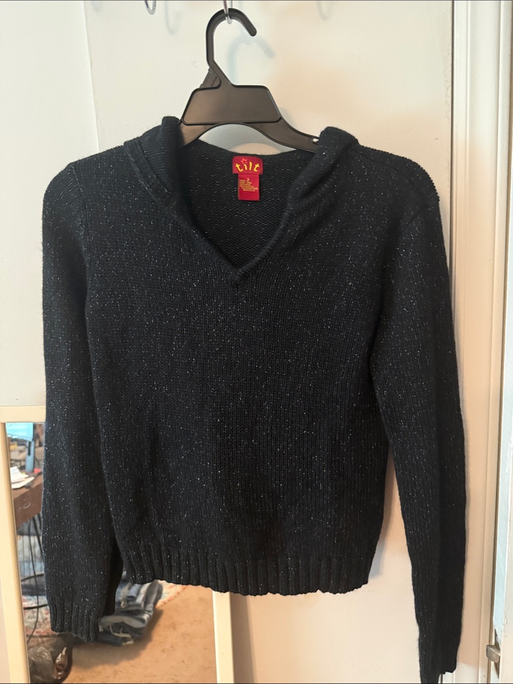 TILT Black V-Neck Hooded Sweater with Metallic Speckle